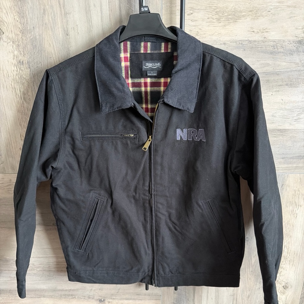 NRA Burks Bay Men’s Black Canvas Jacket Plaid Flannel Lined Medium Coat Western